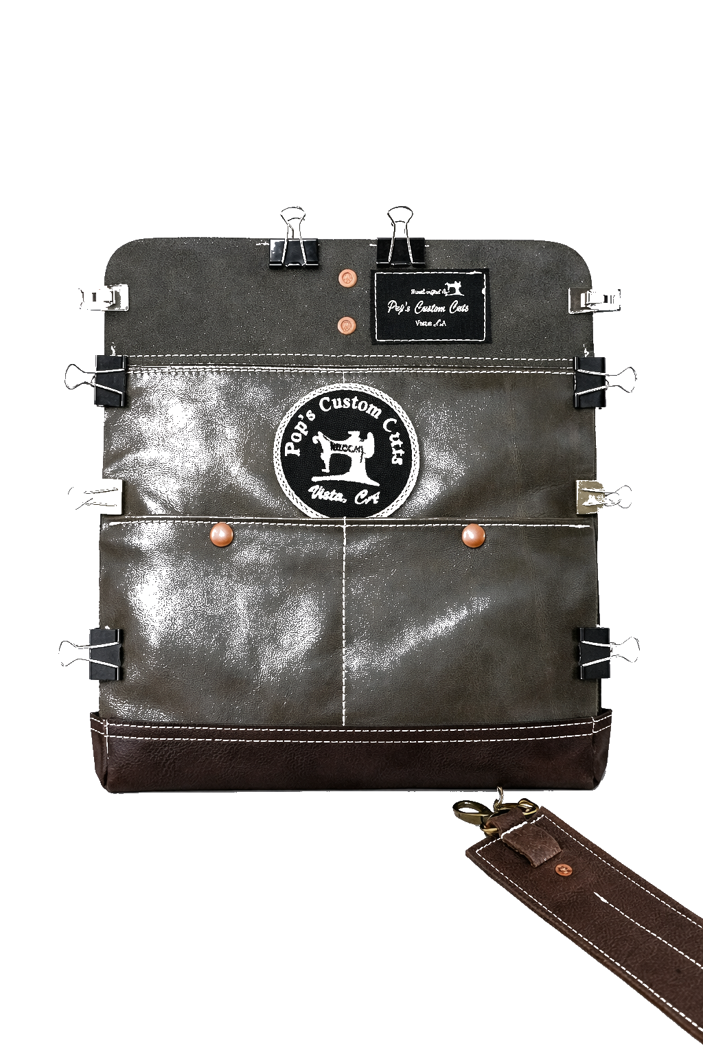 Hand stitching leather with Pop's Custom Cuts branding